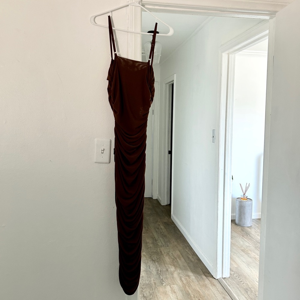 JLUXLABEL Brown Mesh Ruched Maxi Dress Size S.
